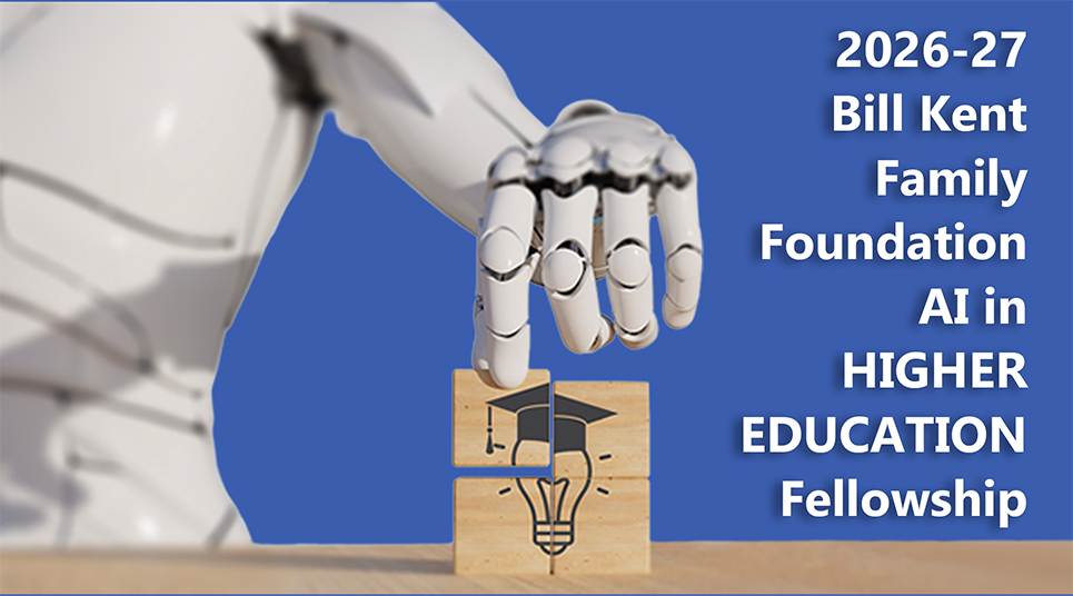 Robotic hand placing wooden blocks with a graduation cap and lightbulb icon beside text promoting the BKFF AI Fellowship.